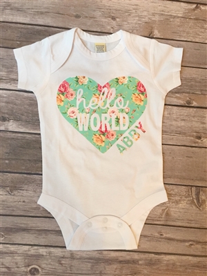 Personalized Hello World Onesie Aqua Floral Print