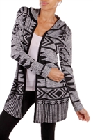 Aztec Printed Hooded Open Cardigan