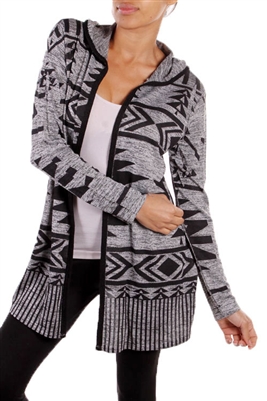 Aztec Printed Hooded Open Cardigan